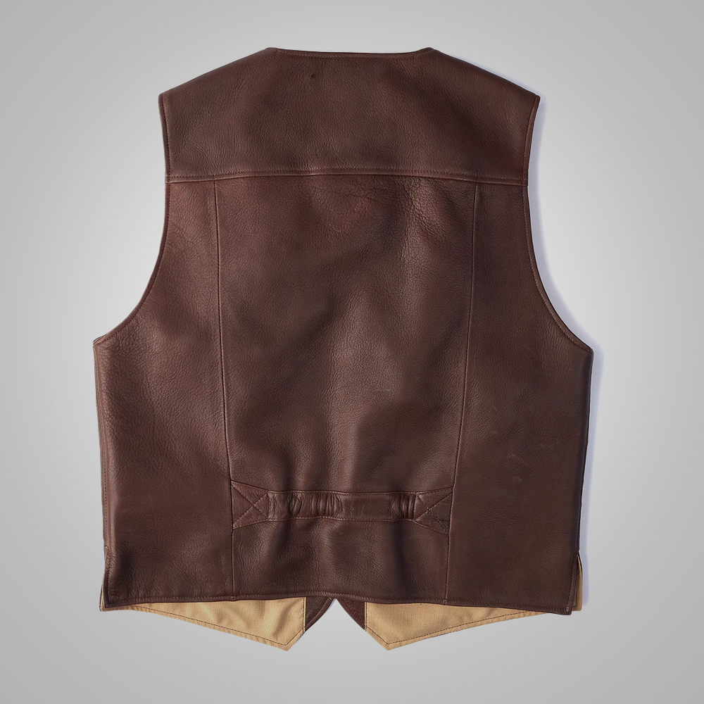 Brown Men Buffalo Leather Waistcoat Multi Pocket Style Vest - bombersflight