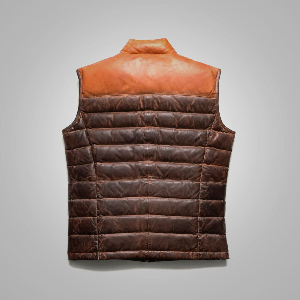 Mens Waistcoat Brown Genuine Bubble Leather Down Vest - bombersflight