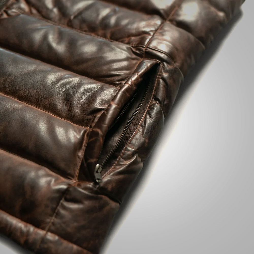 Mens Waistcoat Brown Genuine Bubble Leather Down Vest - bombersflight