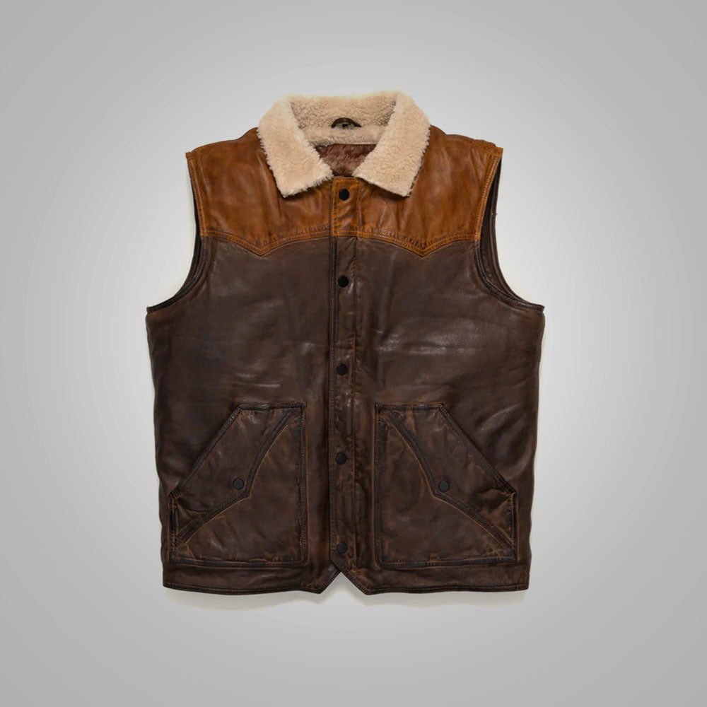 Mens Brown Waistcoat Shearling Sheepskin Leather Vest - bombersflight