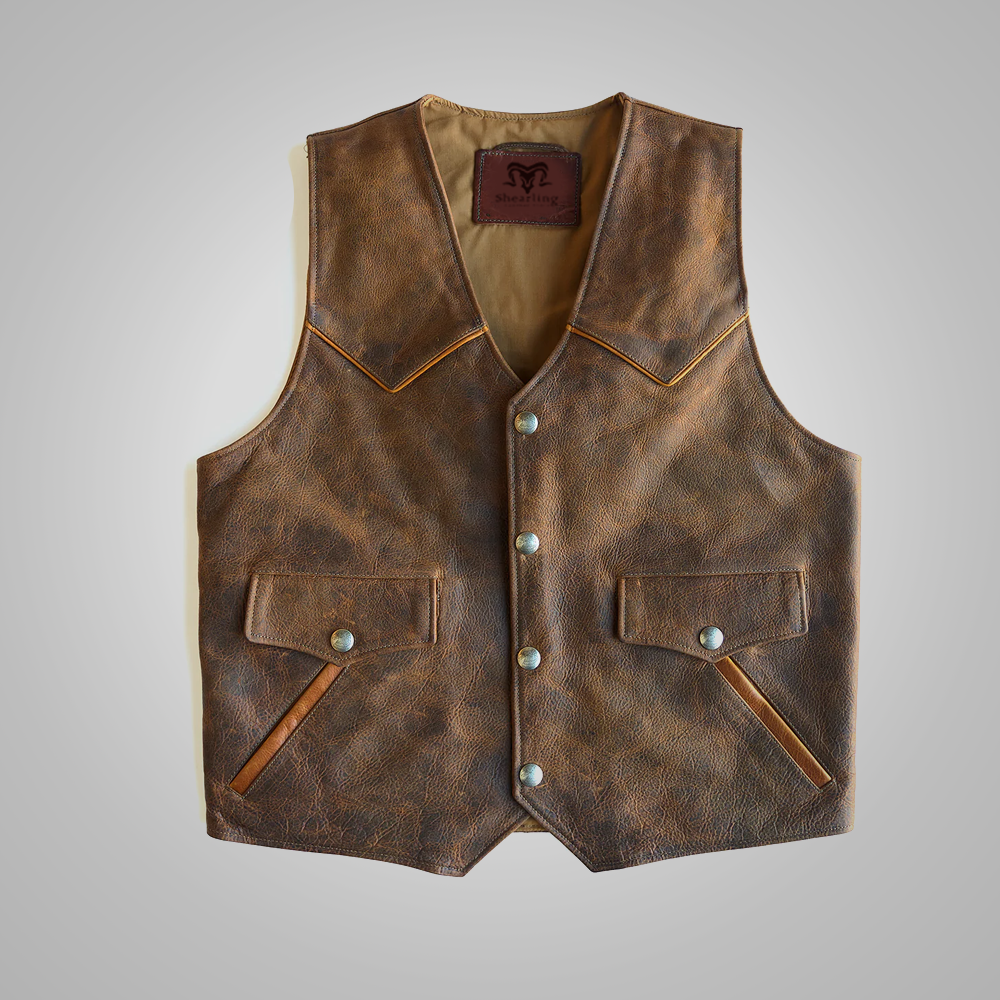 Brown leather vest with button details on a gray background