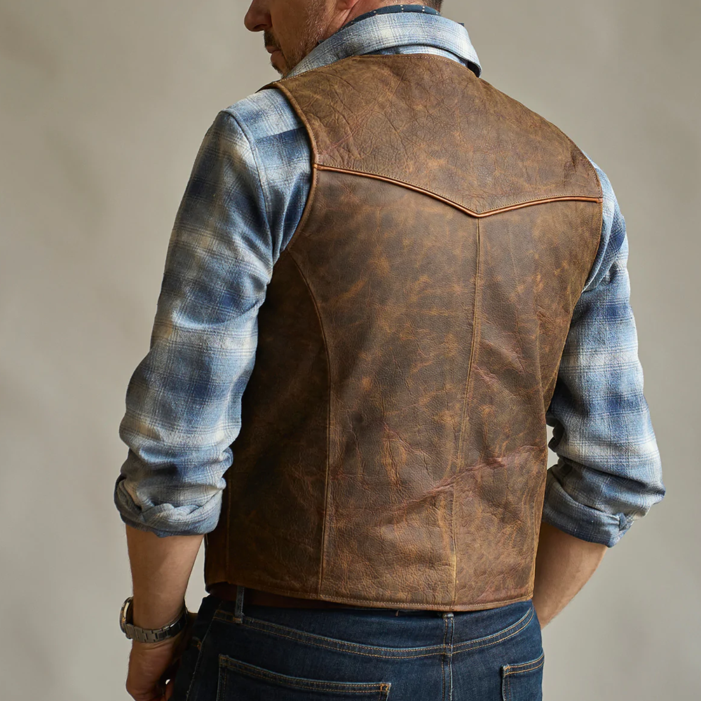 Men's Brown Sheepskin Western Waistcoat Light Weight Leather Cowboy Vest - bombersflight