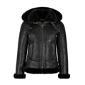 WOMENS B3 BOMBER HOODED CLASSIC BLACK SHEARLING LEATHER JACKET - bombersflight