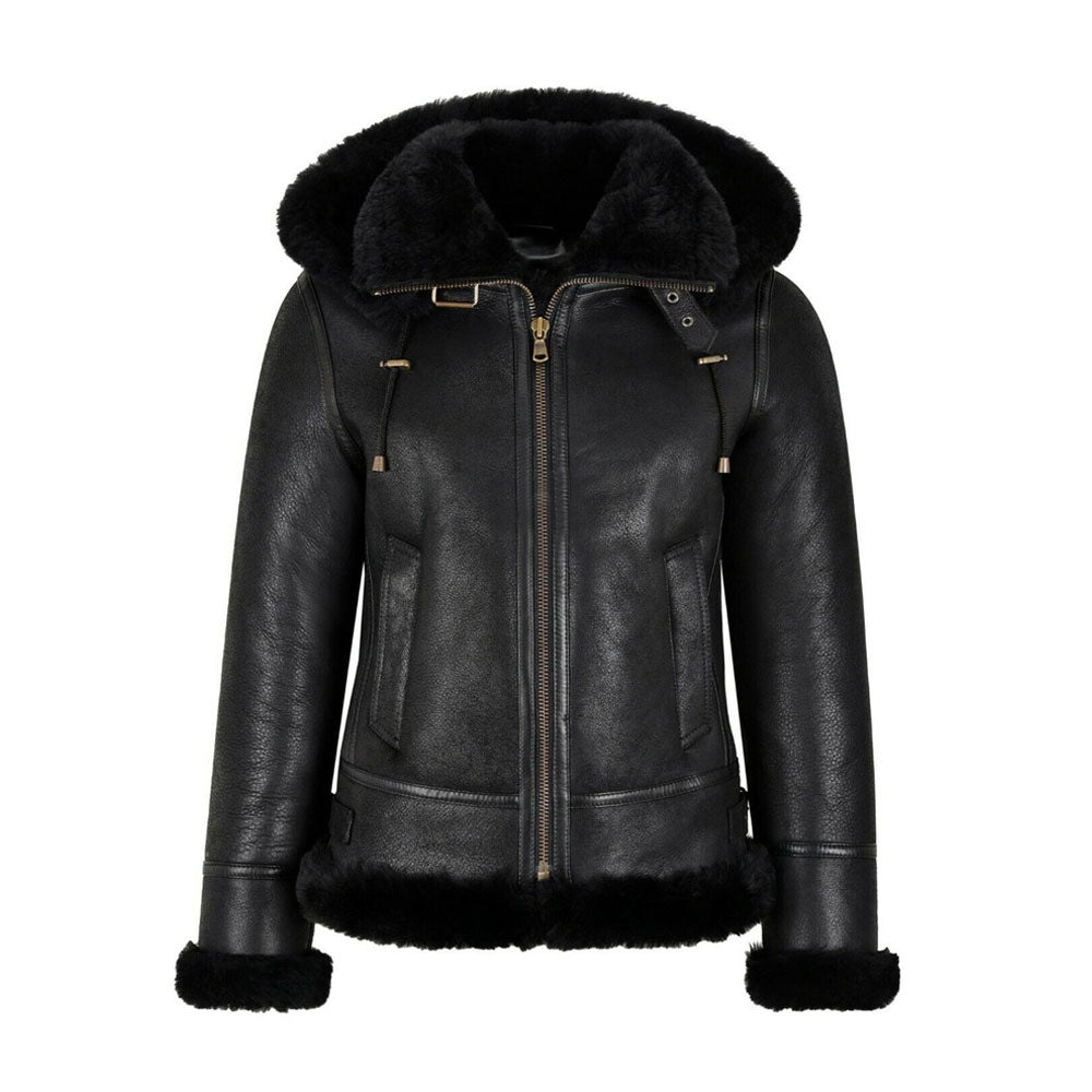 WOMENS B3 BOMBER HOODED CLASSIC BLACK SHEARLING LEATHER JACKET - bombersflight