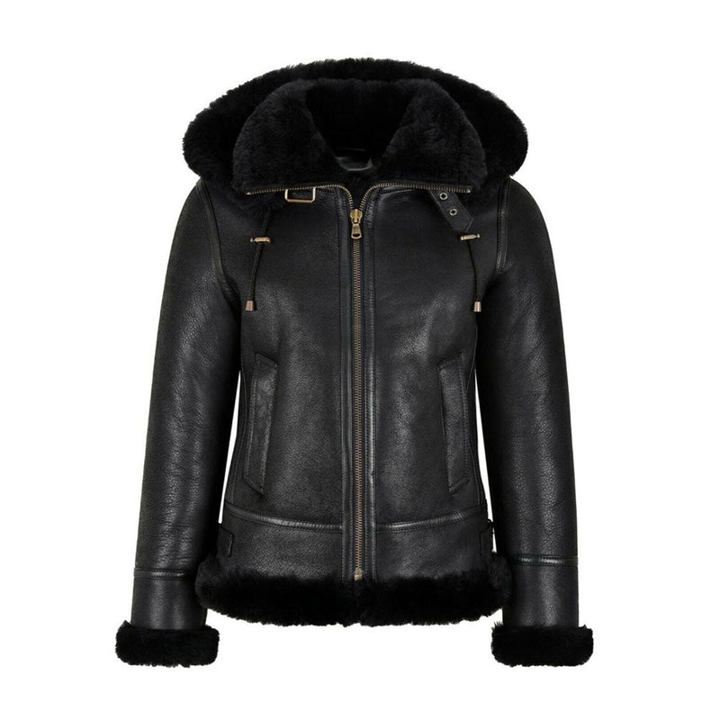 WOMENS B3 BOMBER HOODED CLASSIC BLACK SHEARLING LEATHER JACKET - bombersflight