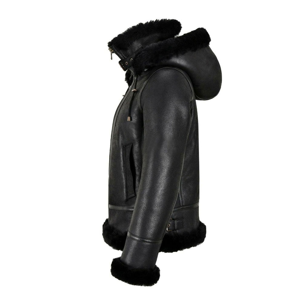 WOMENS B3 BOMBER HOODED CLASSIC BLACK SHEARLING LEATHER JACKET - bombersflight