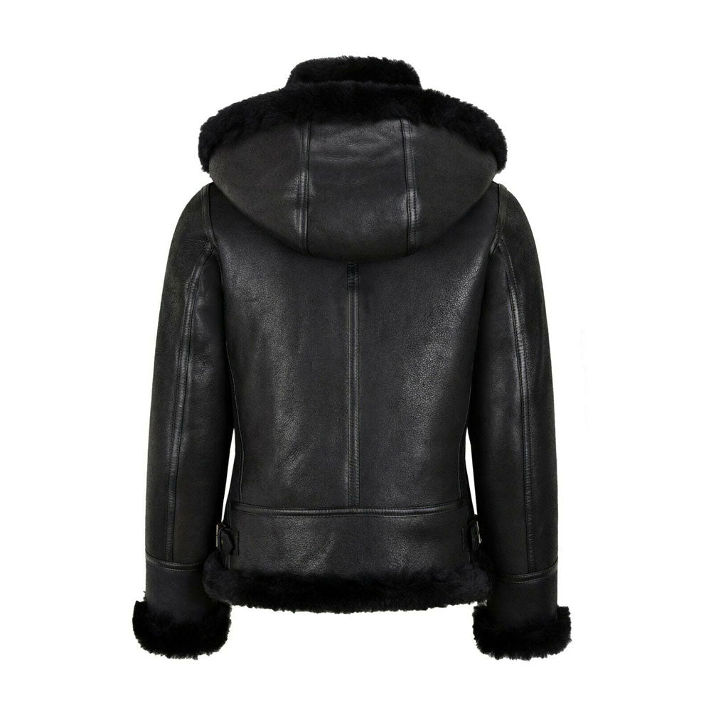 WOMENS B3 BOMBER HOODED CLASSIC BLACK SHEARLING LEATHER JACKET - bombersflight