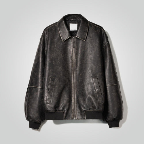 A2 Black Distressed Leather Bomber Jacket