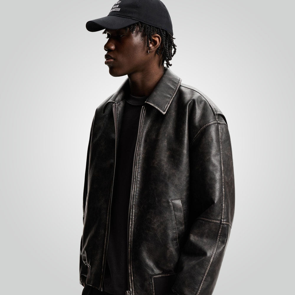 A2 Black Distressed Leather Bomber Jacket