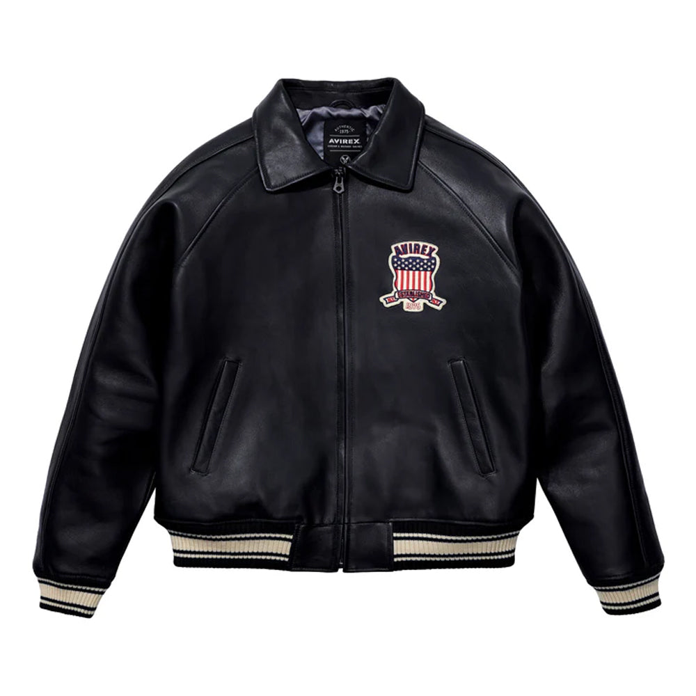 Avirex Jacket On Sale – Classic Avirex Varsity Black Jacket with Patch Detail - bombersflight