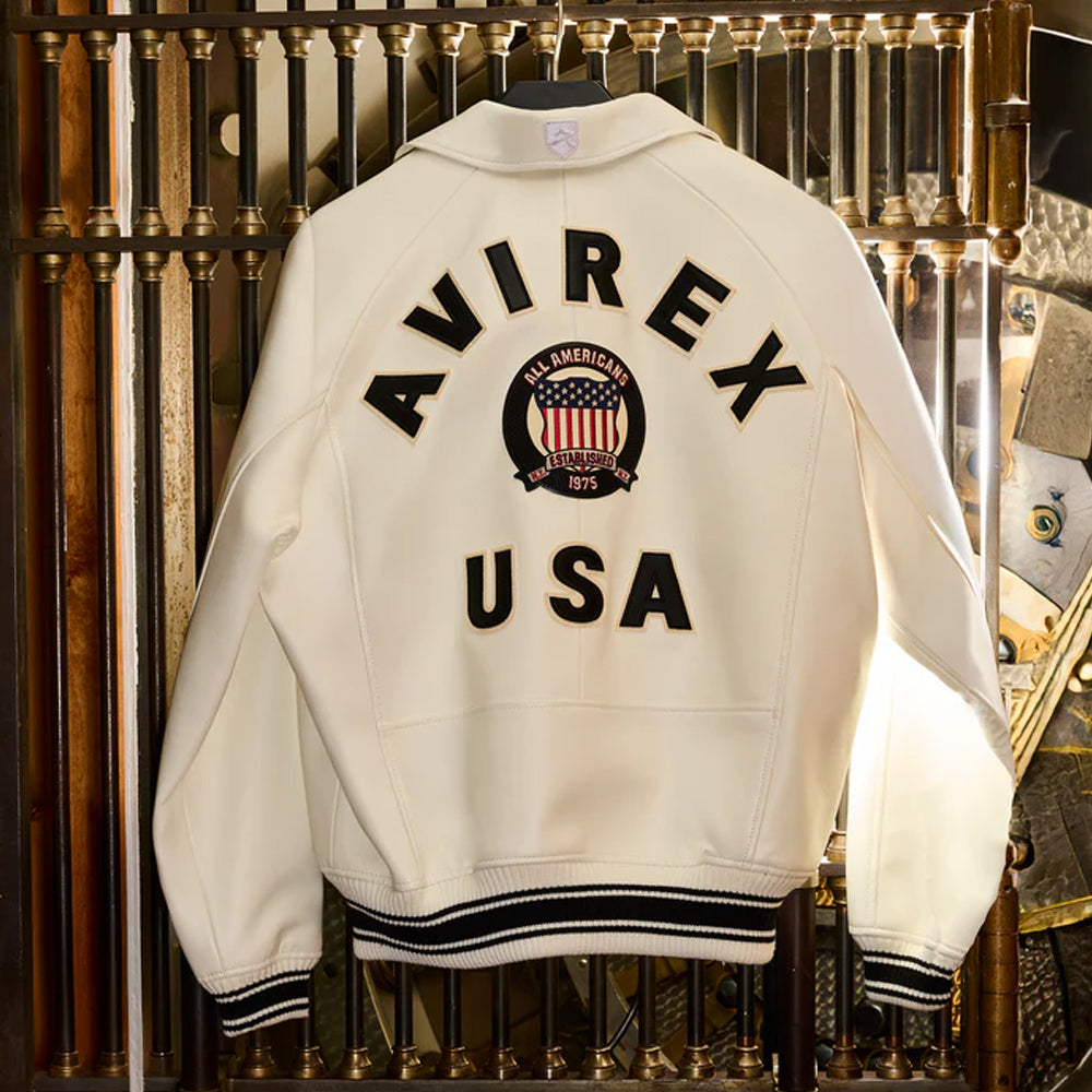 White Avirex Varsity Bomber Jacket – Embroidered Crest, Classic Street Style Jacket - bombersflight