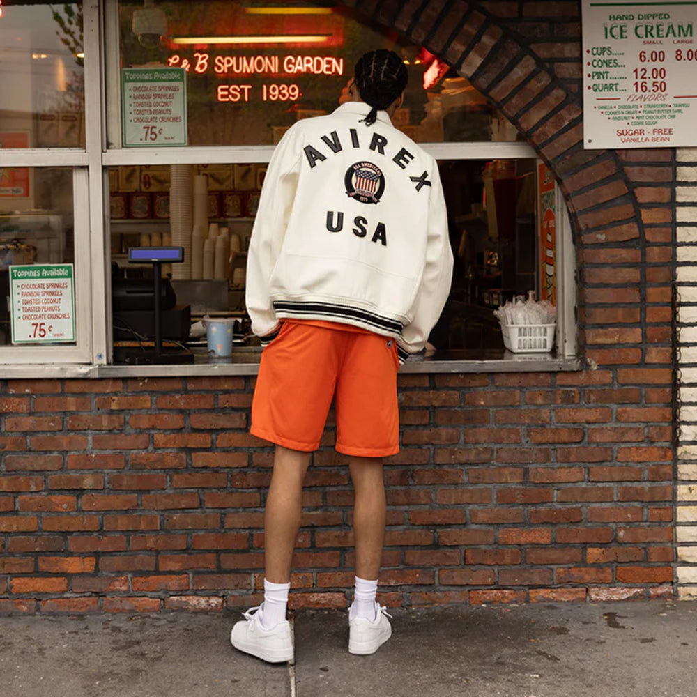 White Avirex Varsity Bomber Jacket – Embroidered Crest, Classic Street Style Jacket - bombersflight