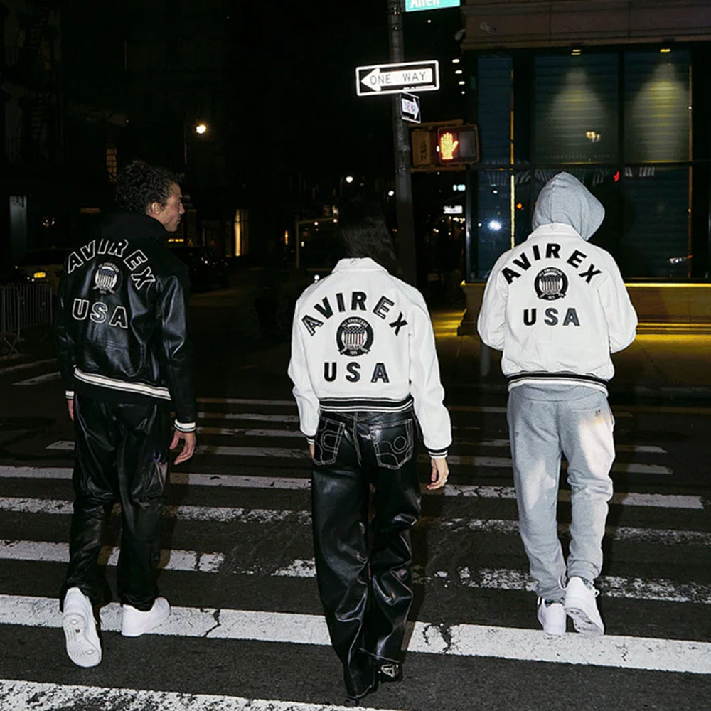 White Avirex Varsity Bomber Jacket – Embroidered Crest, Classic Street Style Jacket - bombersflight