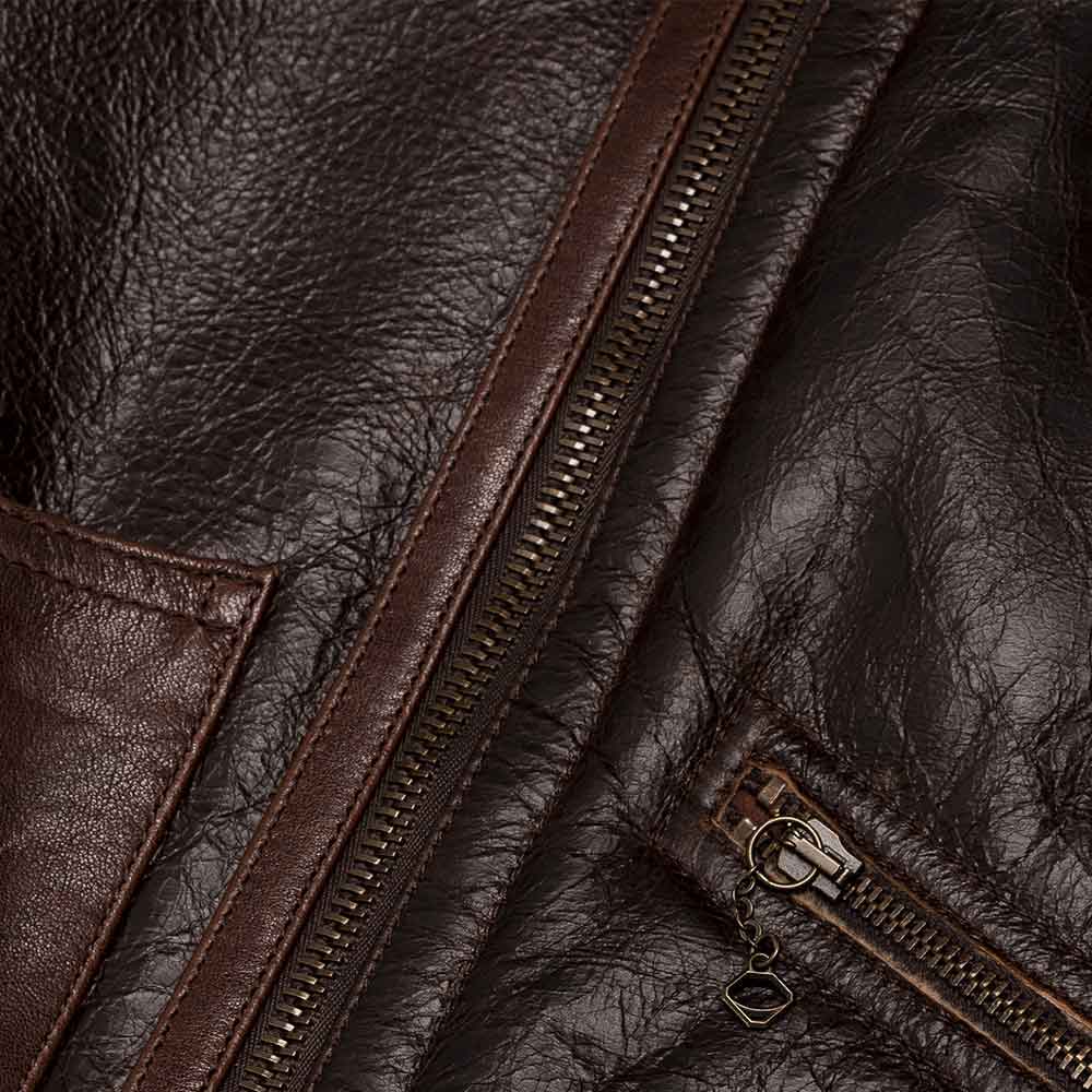 Close-up of a brown leather jacket with zipper details
