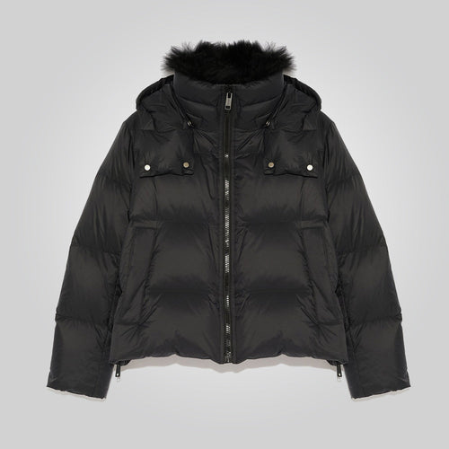Black Down Puffer Jacket For Women With Fur Lining

