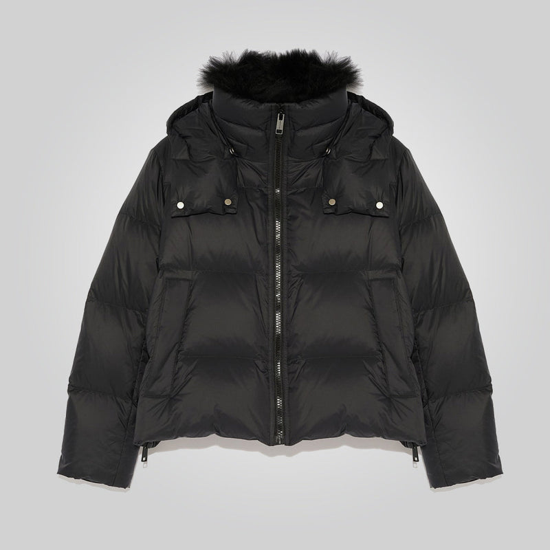 Black Down Puffer Jacket For Women With Fur Lining

