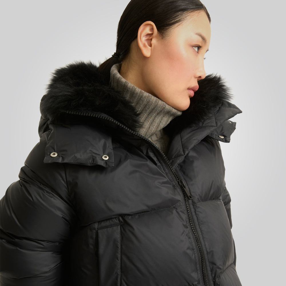 Black Down Jacket For Women With Fur Lining
