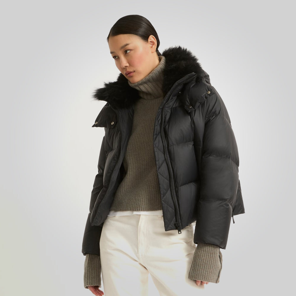 Black Down Puffer Jacket with Fur Lining