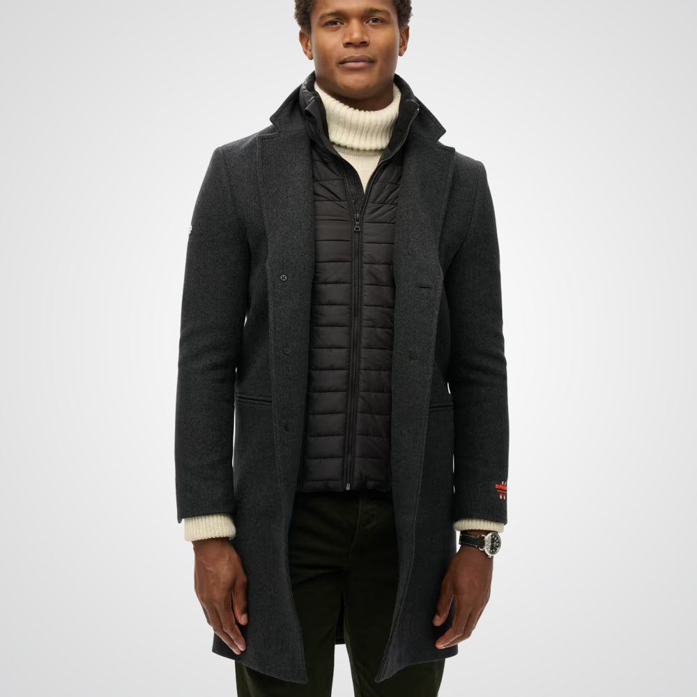 Black Royal Pea Coat With Attached Puffer Jacket