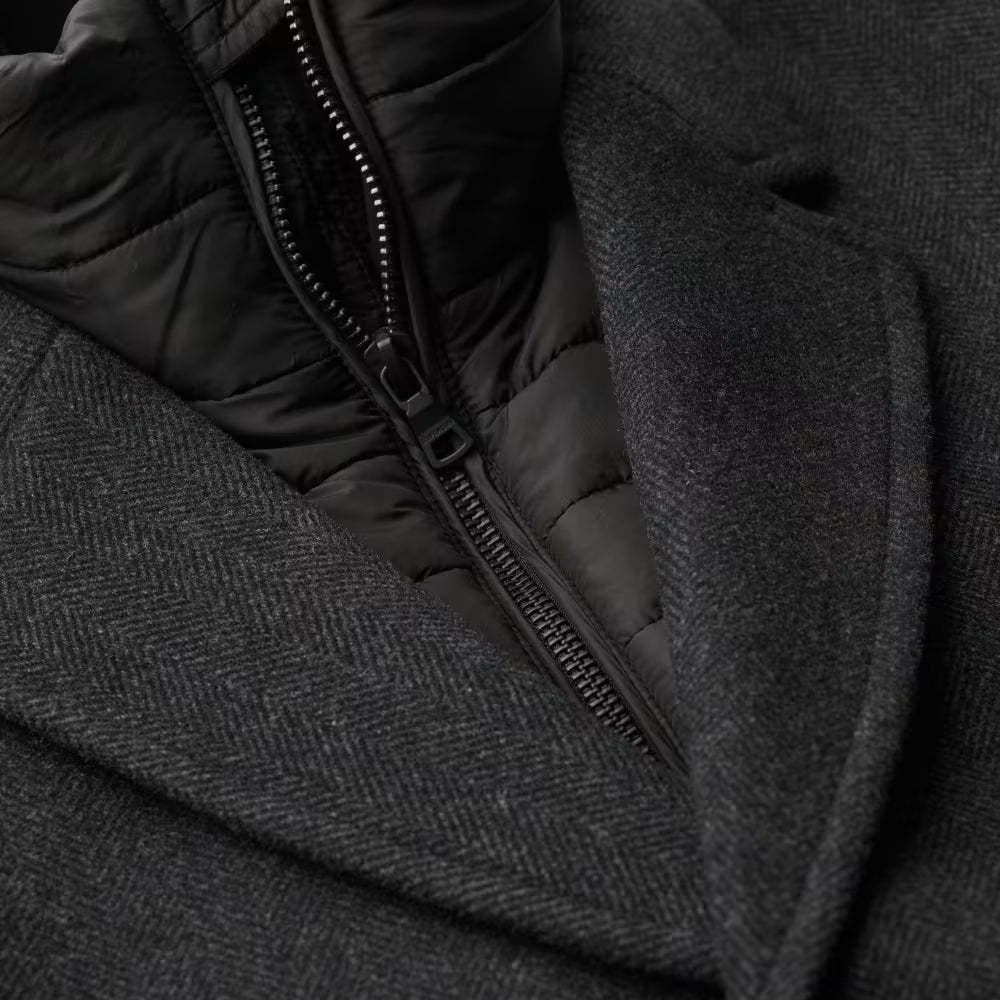 Close-up of a black coat with a zipper