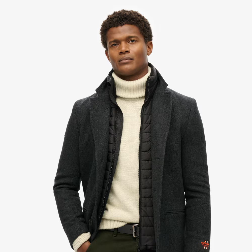 Black Royal Pea Coat With Attached Puffer Jacket