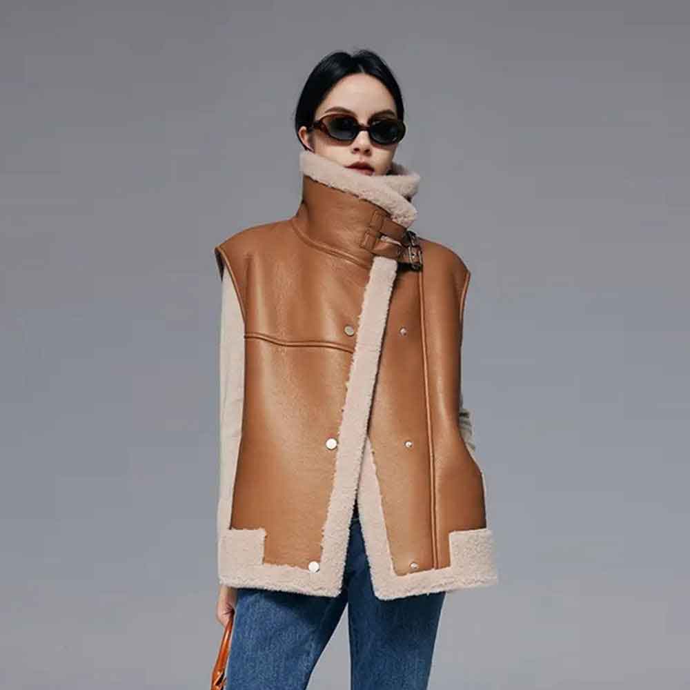 Brown Women's Sheepskin Shearling Vest - bombersflight