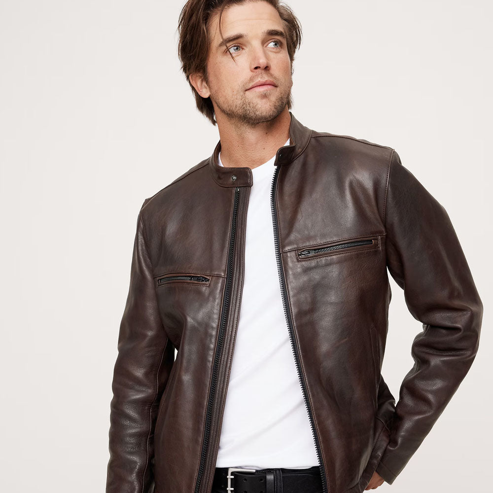 Dark Brown Cafe Racer Leather Moto Jacket