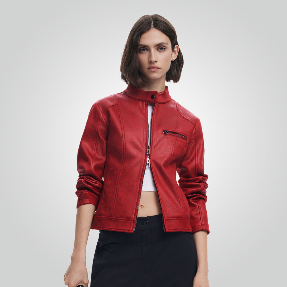 Cafe Racer Motorbike Style Red Leather Jacket