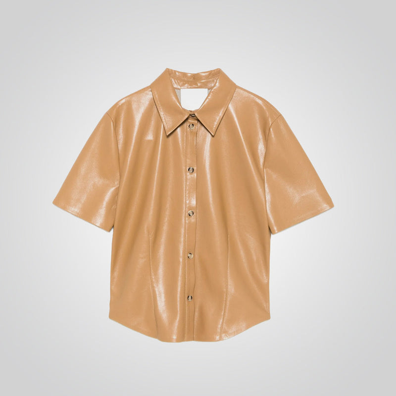Beige vinyl shirt on a light gray background