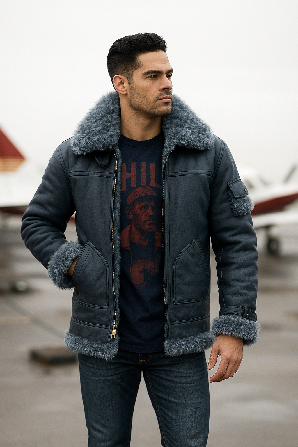 Men's Shearling Jacket Coat Thick Black in Flight Aviation Style Jacket - Cold Inferno - bombersflight