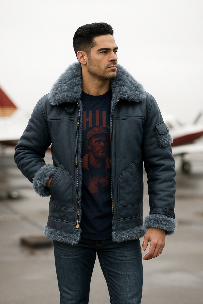 Men's Shearling Jacket Coat Thick Black in Flight Aviation Style Jacket - Cold Inferno - bombersflight