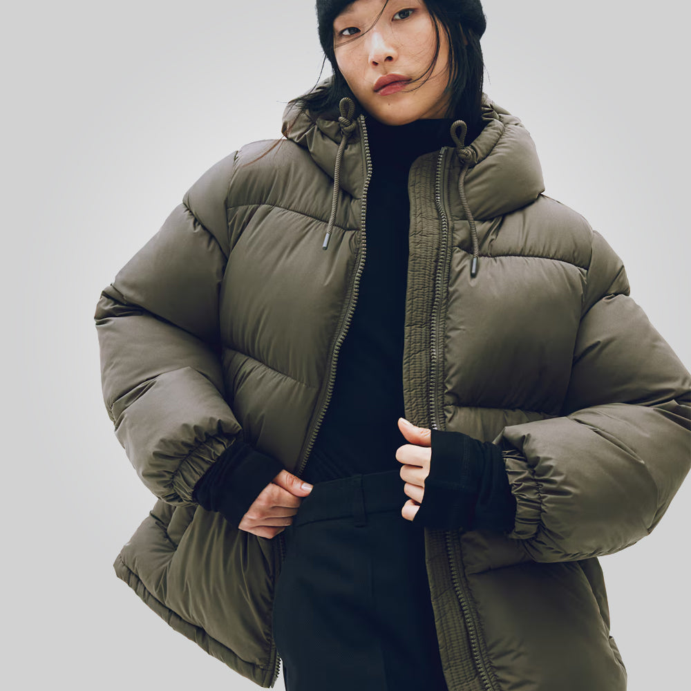 Women Dark Khaki Puffer Jacket 