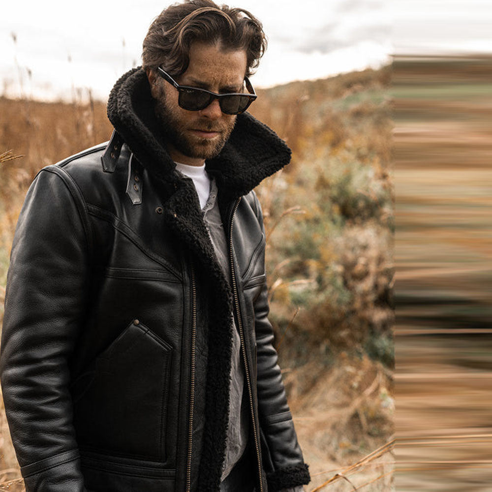Men's Black Double Collar B3 Sheepskin Shearling Jacket