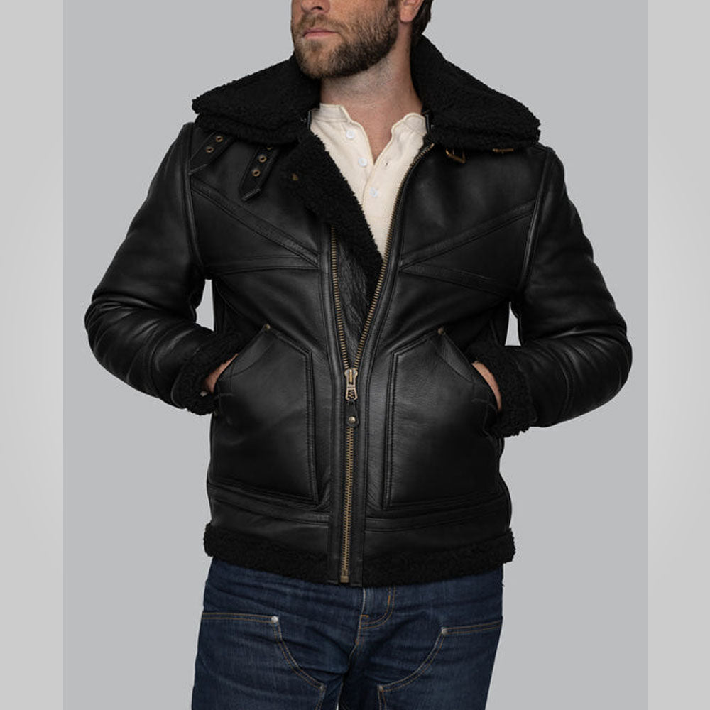 Men's Black Double Collar B3 Sheepskin Shearling Jacket 