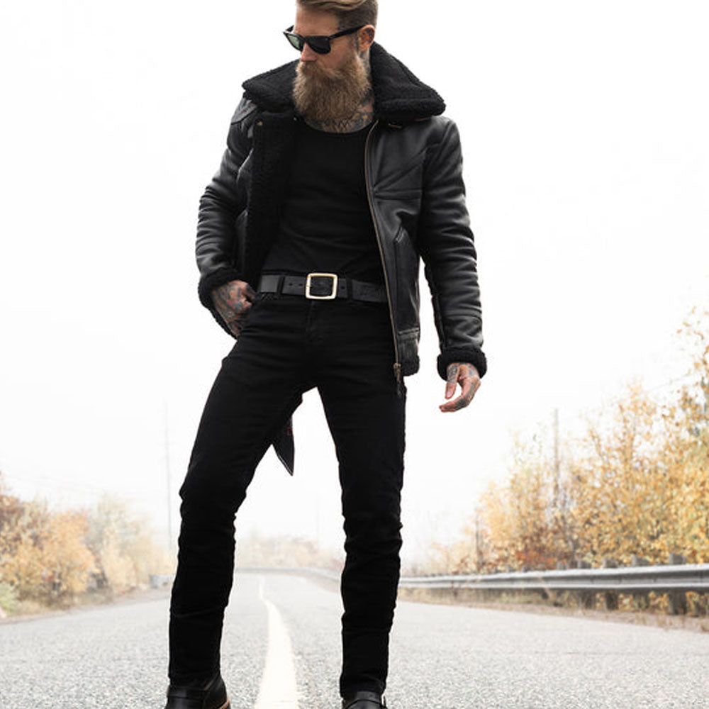 Men's Black Double Collar B3 Sheepskin Shearling Jacket 