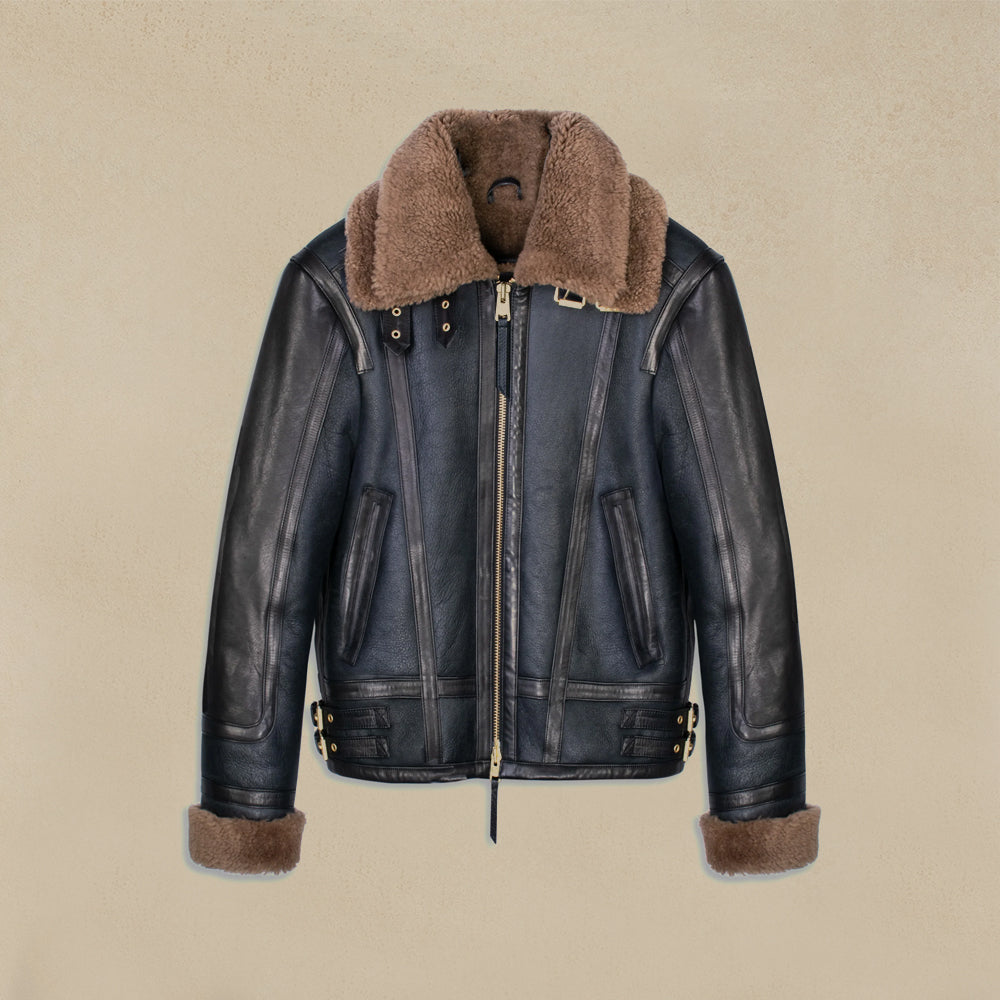 Double Collar Sheepskin Leather Aviator B3 Bomber Jacket