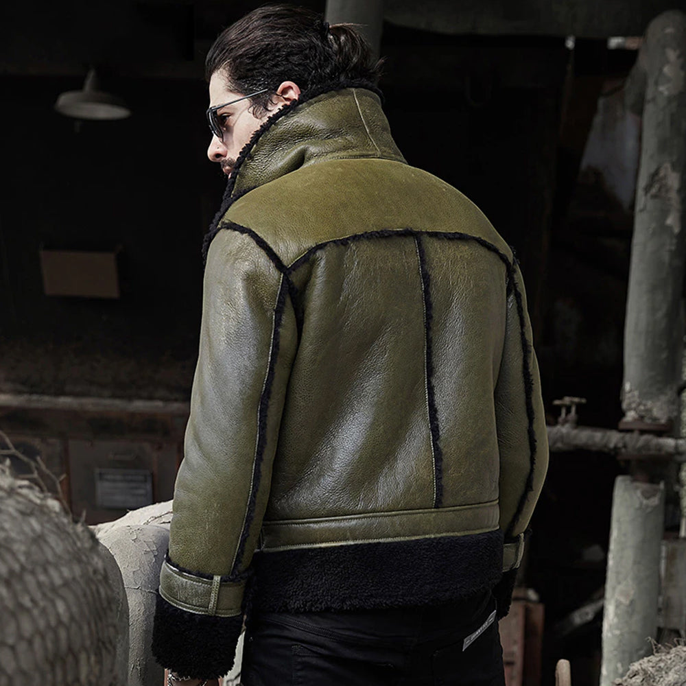 Green Men's Shearling Jacket Genuine Sheepskin Jacket Coat - bombersflight