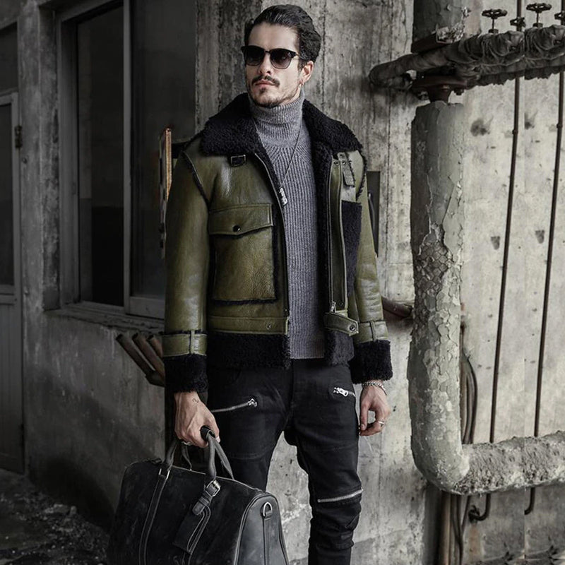 Green Men's Shearling Jacket Genuine Sheepskin Jacket Coat - bombersflight