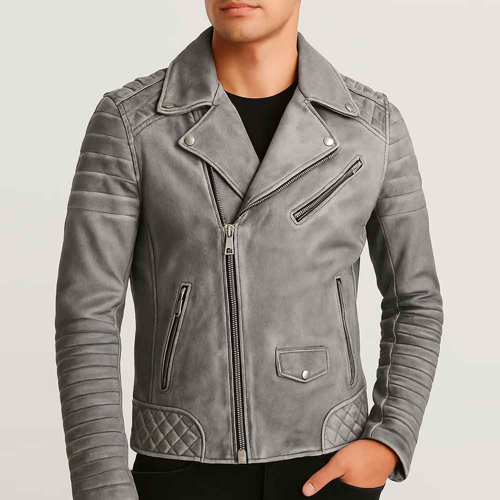 Gray leather jacket with zippers on a plain background