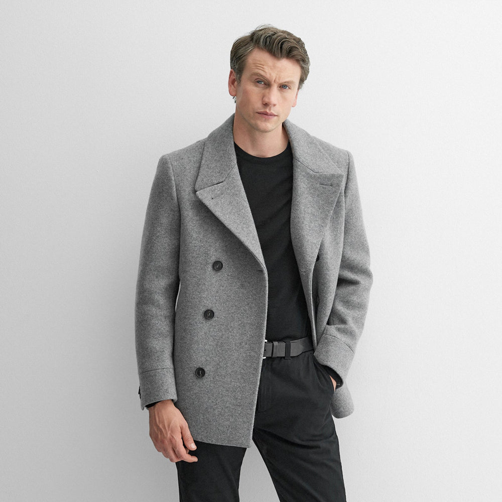 Grey Double Breasted Men's Wool Navy Peacoat