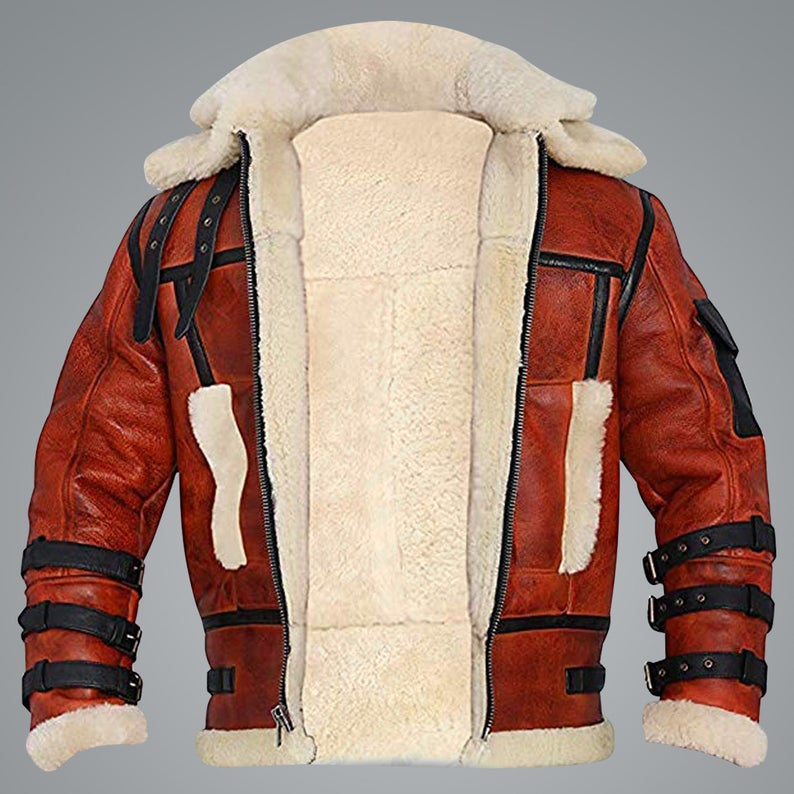 Sheepskin Aviator RAF Men B6 Waxed Bomber Shearling Leather Jacket Coat - bombersflight