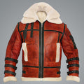 Red leather jacket with white fur lining on a gray background