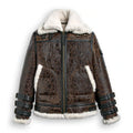 Brown leather jacket with white fur lining on a white background