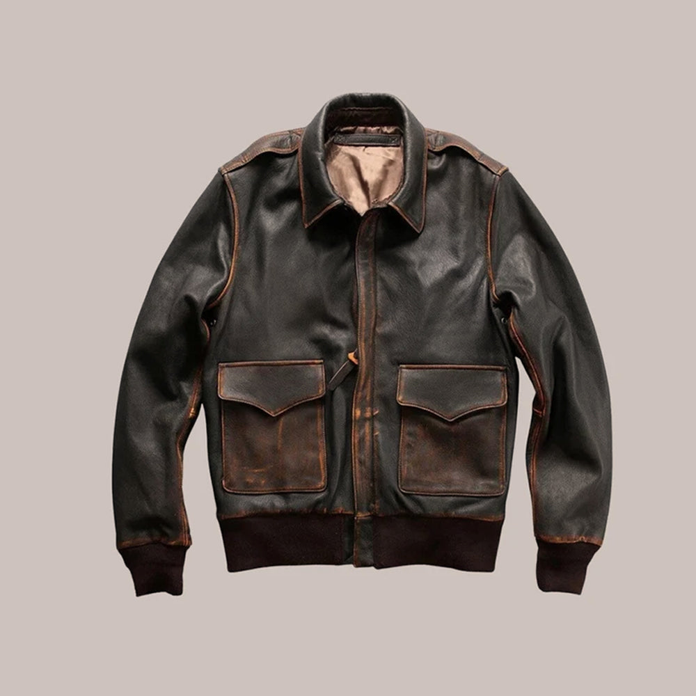 Brown leather jacket with two front pockets on a beige background
