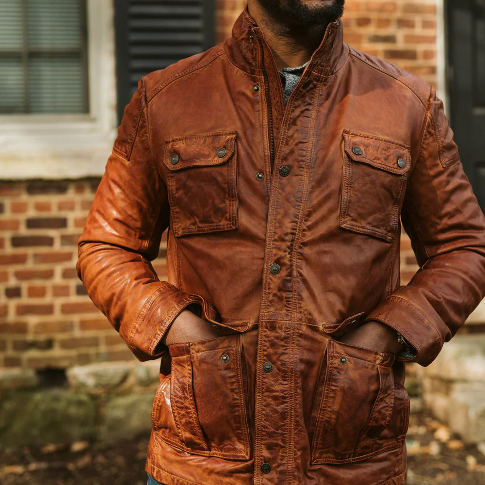Men Genuine Sheepskin Brown Leather Field Jacket - bombersflight