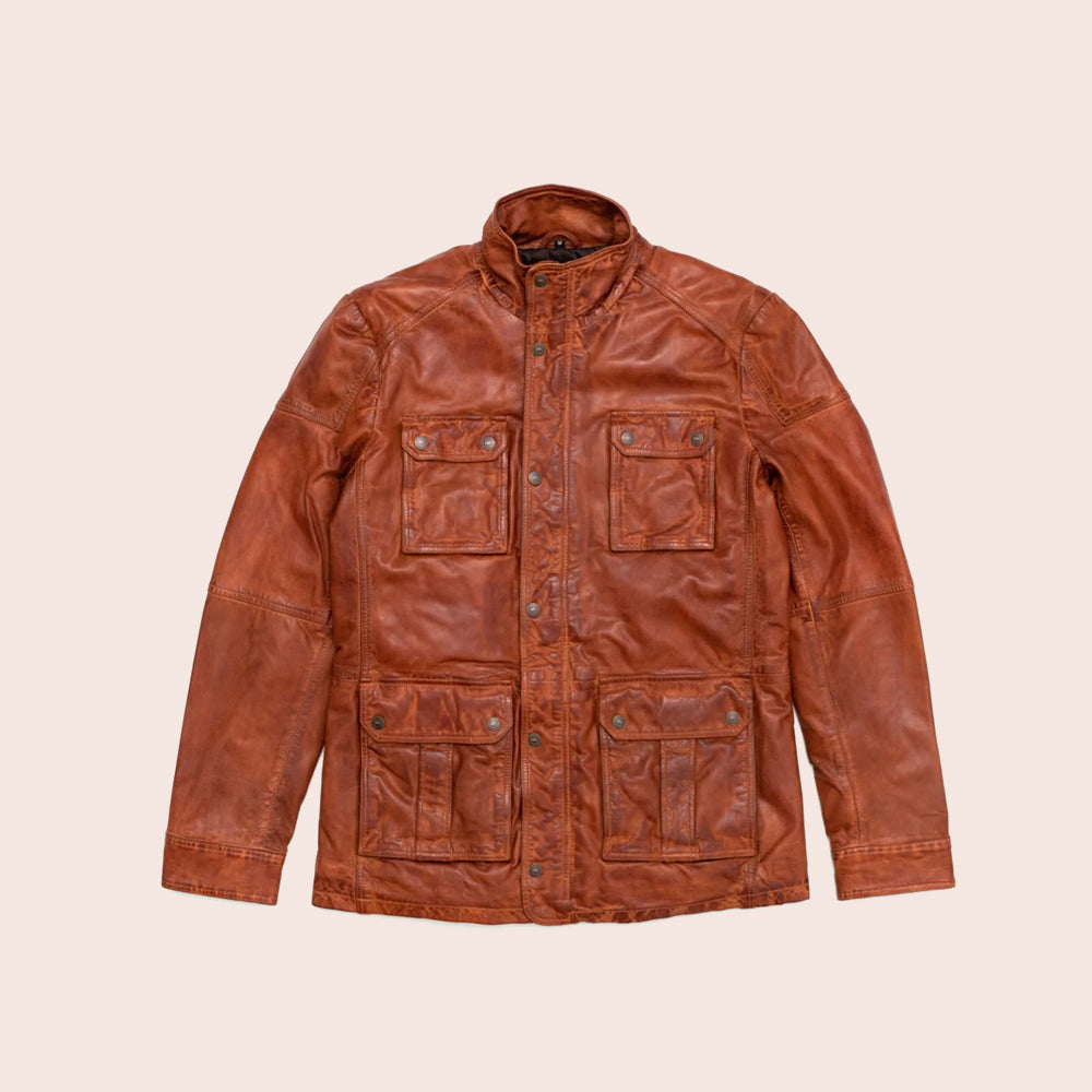Brown leather jacket on a beige background