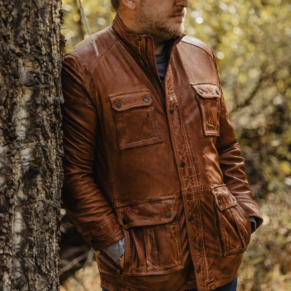 Men Genuine Sheepskin Brown Leather Field Jacket - bombersflight