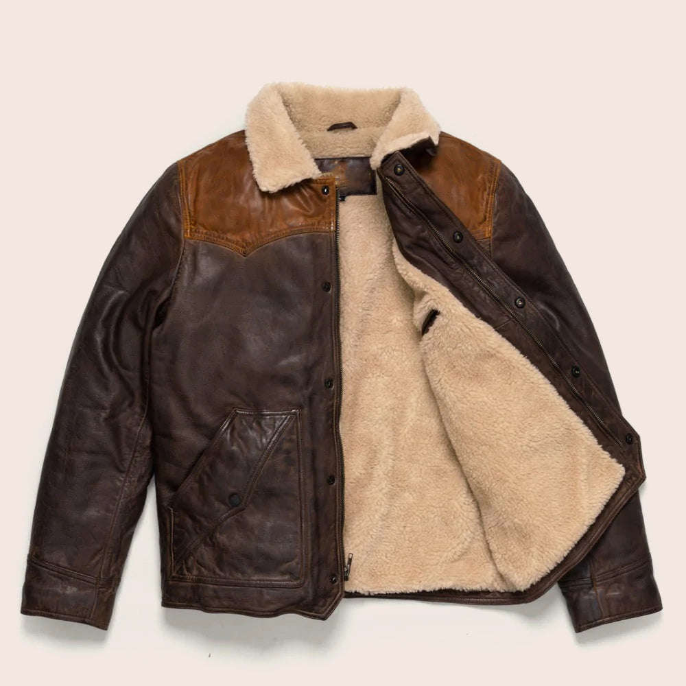 Men Sheepskin Double Tone Brown Sherpa Western Leather Jacket - bombersflight