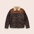Brown leather jacket with beige shearling collar on a beige background