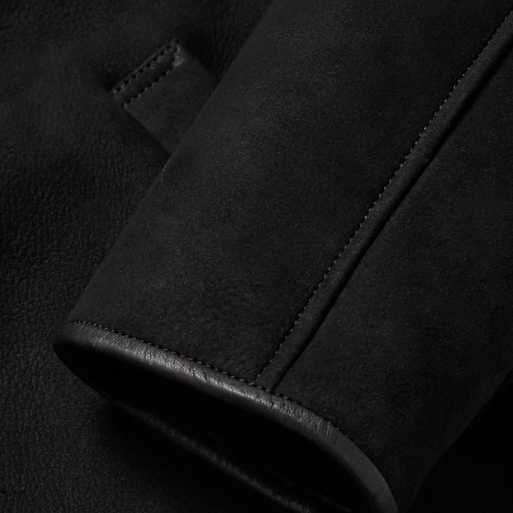 Black Nubuck Leather Shearling Coat